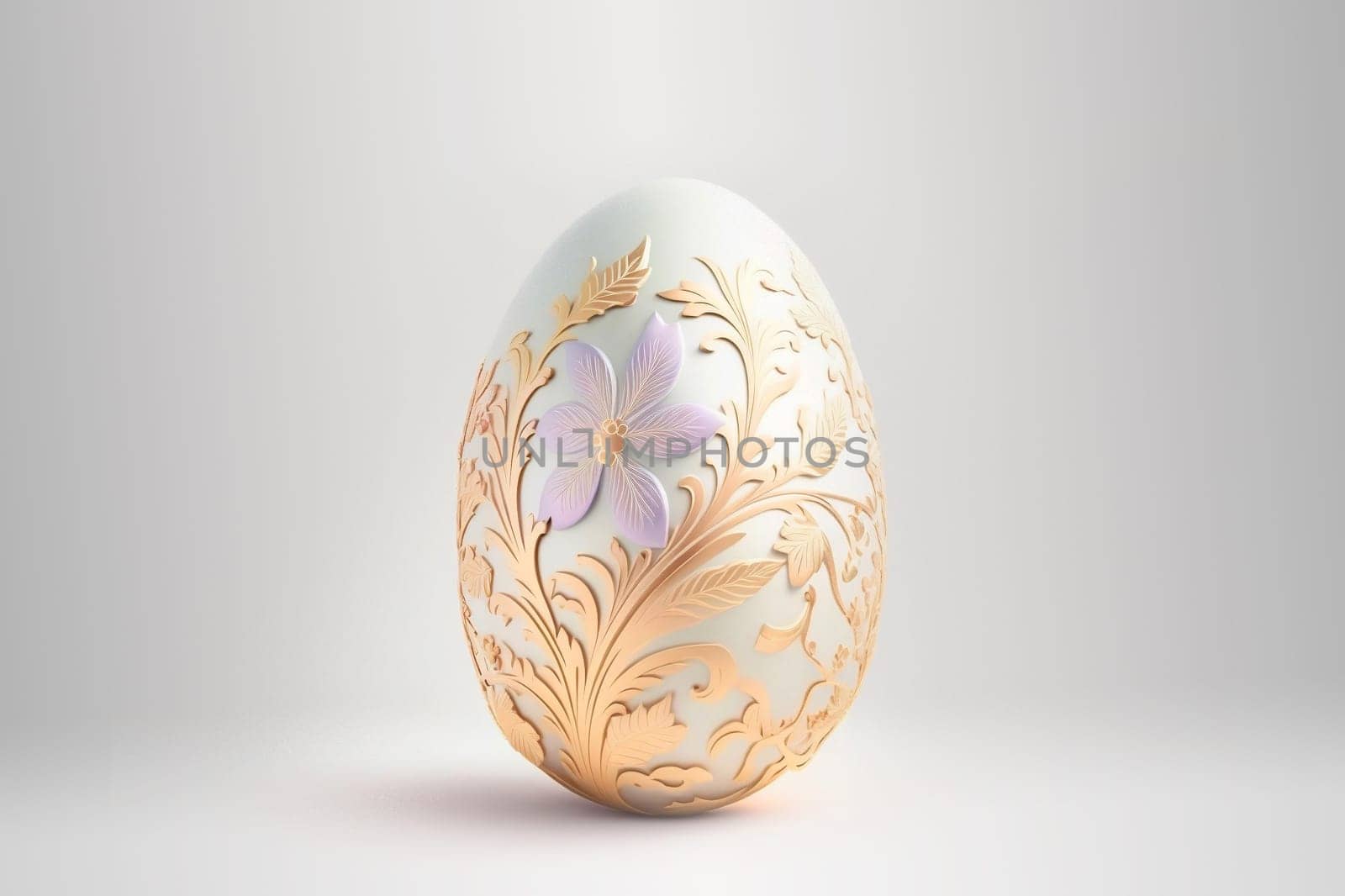 One white easter egg with beautiful gold floral pattern standing on light background. Generative AI.