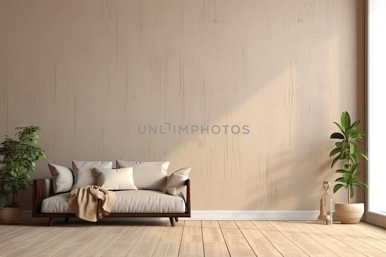 Minimalist living room interior with wooden floor, decor on a large wall. Generative ai by nateemee