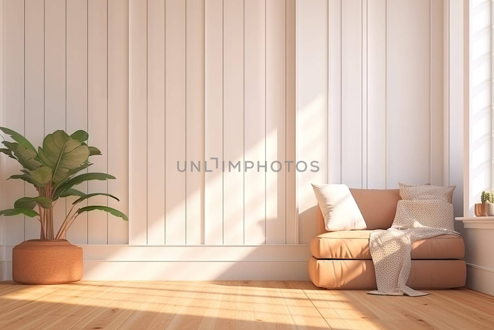 Minimalist living room interior with wooden floor, decor on a large wall. Generative ai.