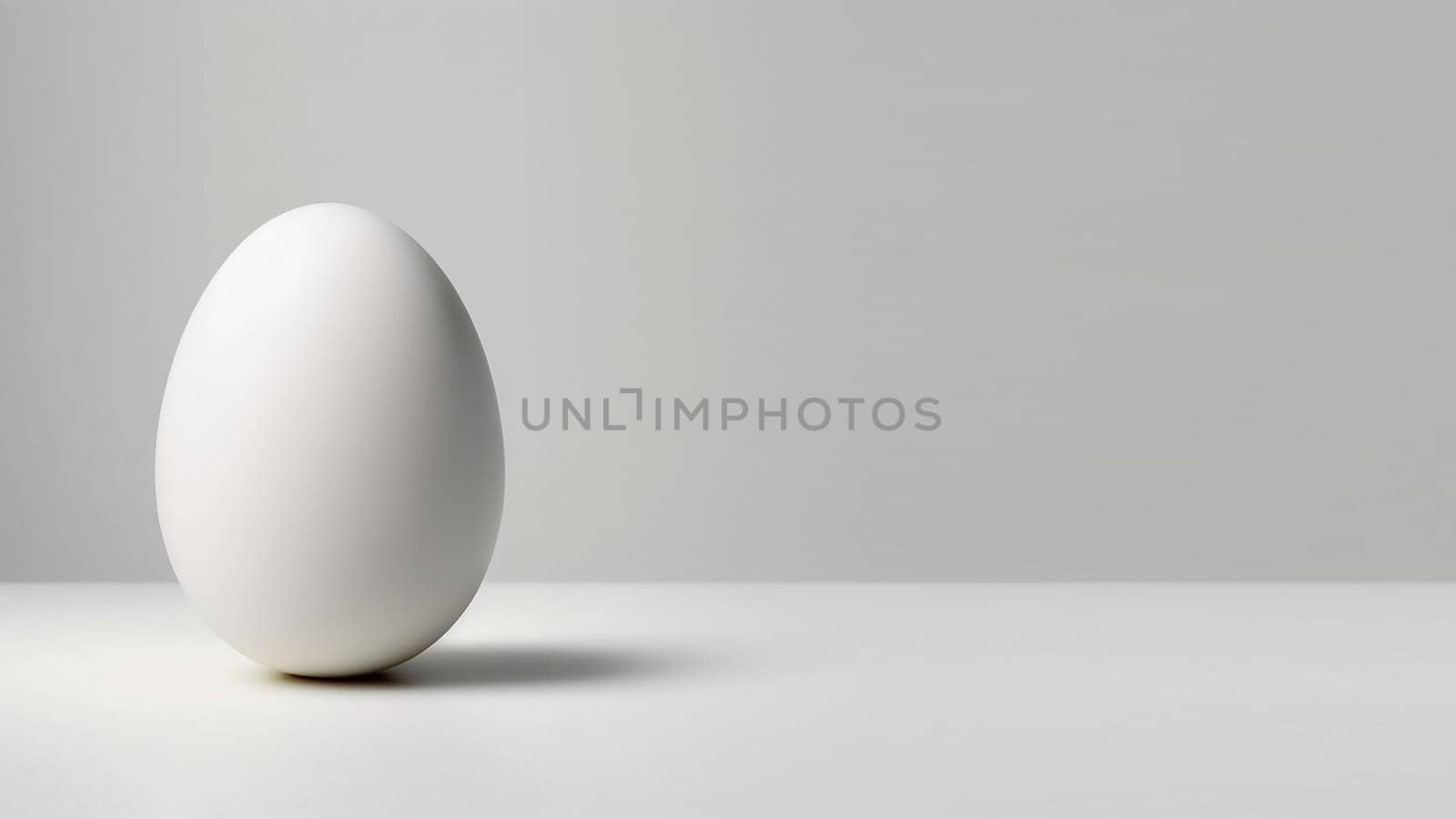 One white easter egg standing on light background, banner with a copyspace. Generative AI