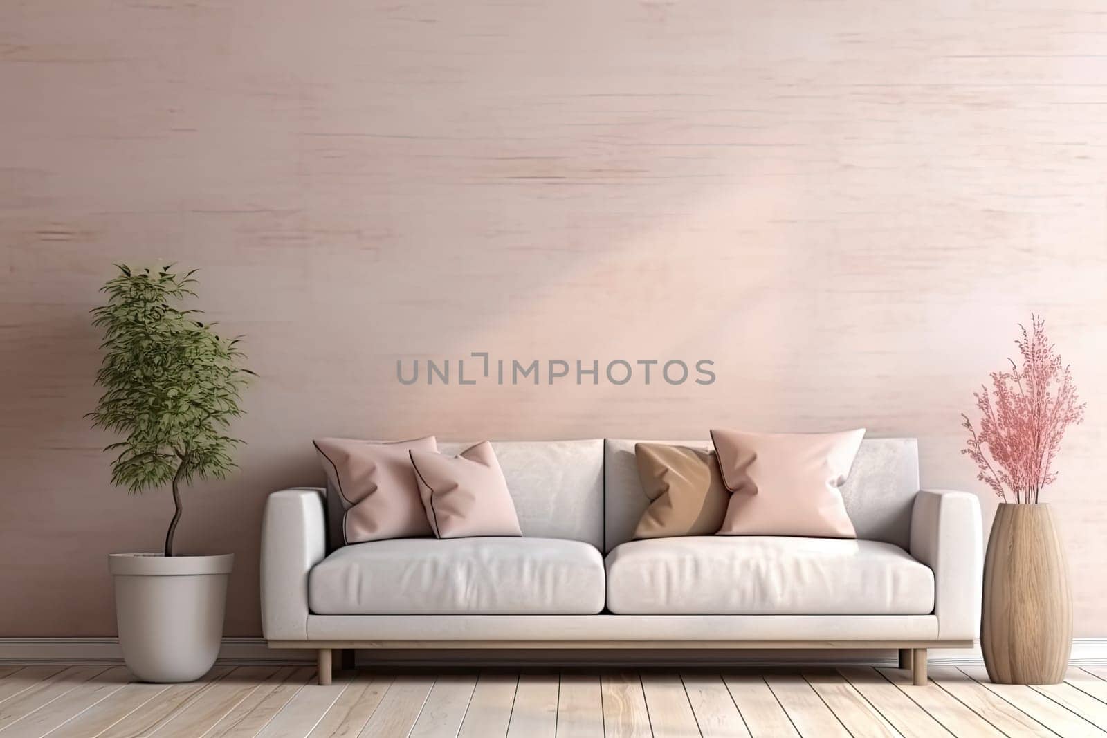 Minimalist living room interior with wooden floor, decor on a large wall. Generative ai by nateemee