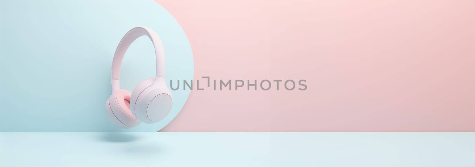 Banner Realistic wireless earphones of trendy color.3d pastel colored background headphone element. Realistic object for music or game concept, poster design, flyer, website. Music audio headphones Copy space by Annebel146