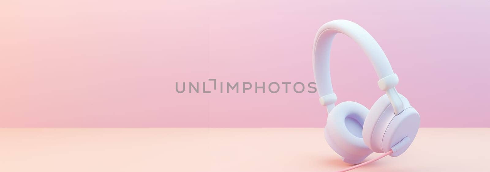 Banner Realistic wireless earphones of trendy color.3d pastel colored background headphone element. Realistic object for music or game concept, poster design, flyer, website. Music audio headphones Copy space by Annebel146