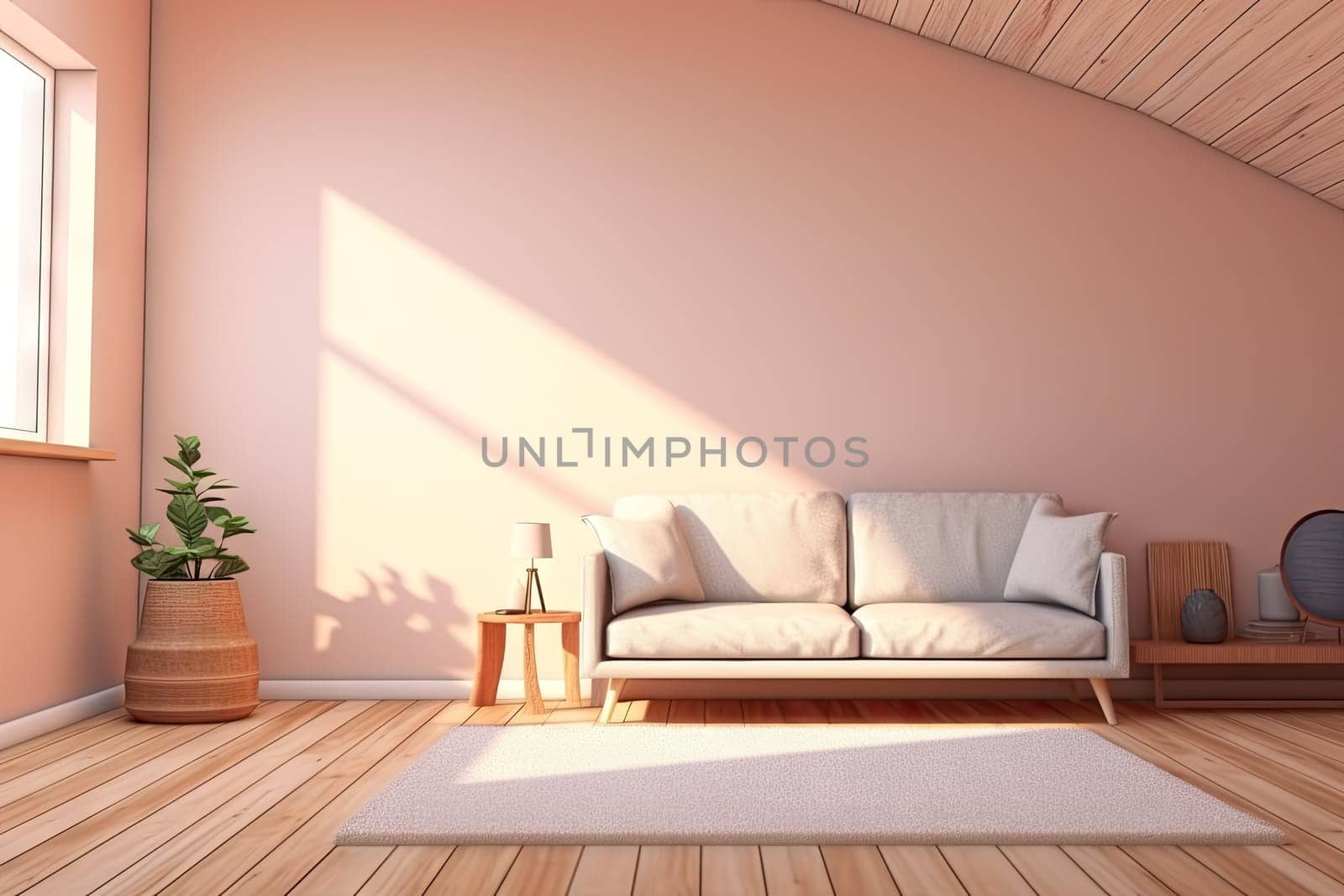 Minimalist living room interior with wooden floor, decor on a large wall. Generative ai.