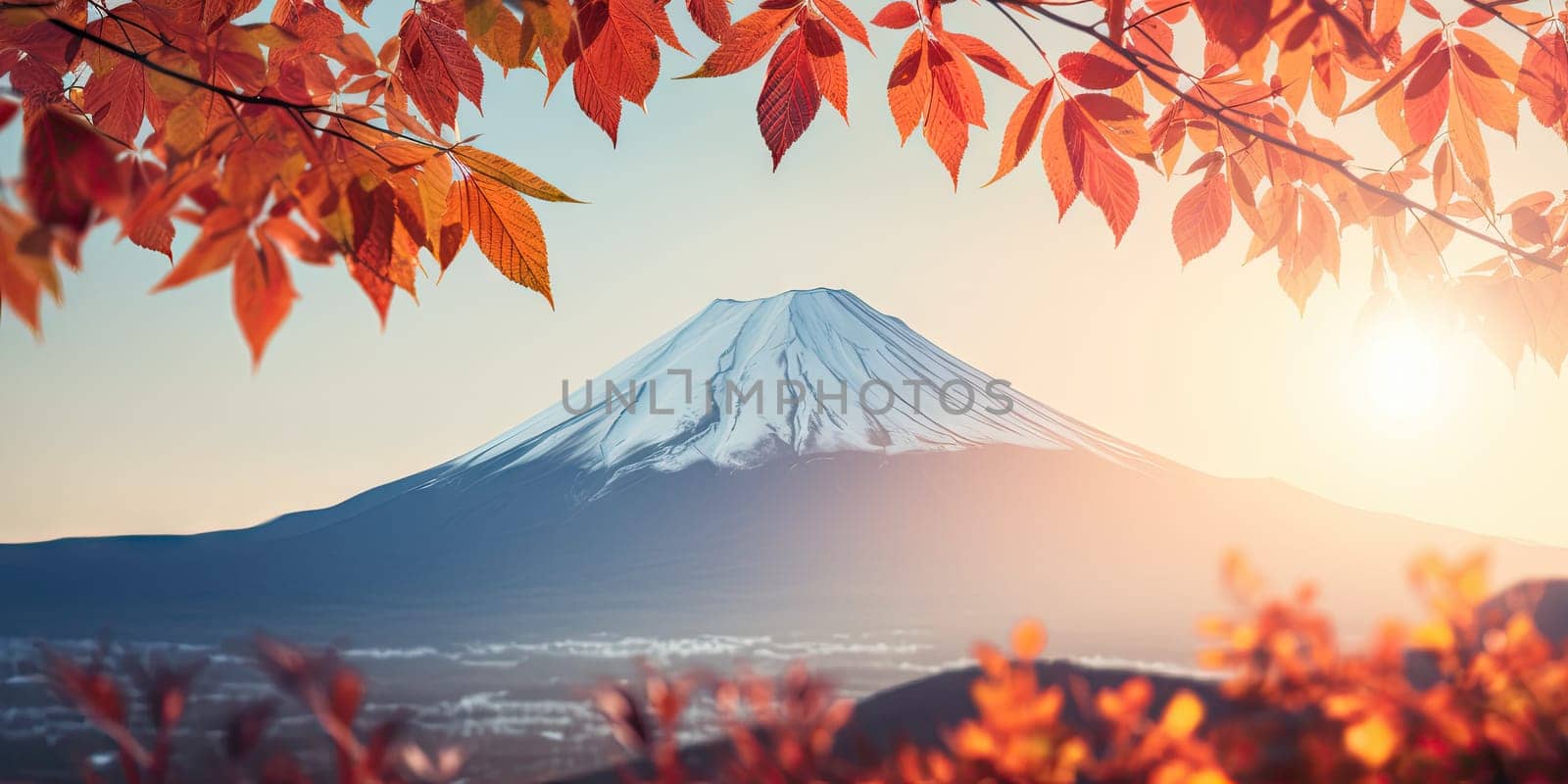 Colorful of autumn leaf spring with fuji mountain background. Generative ai by nateemee