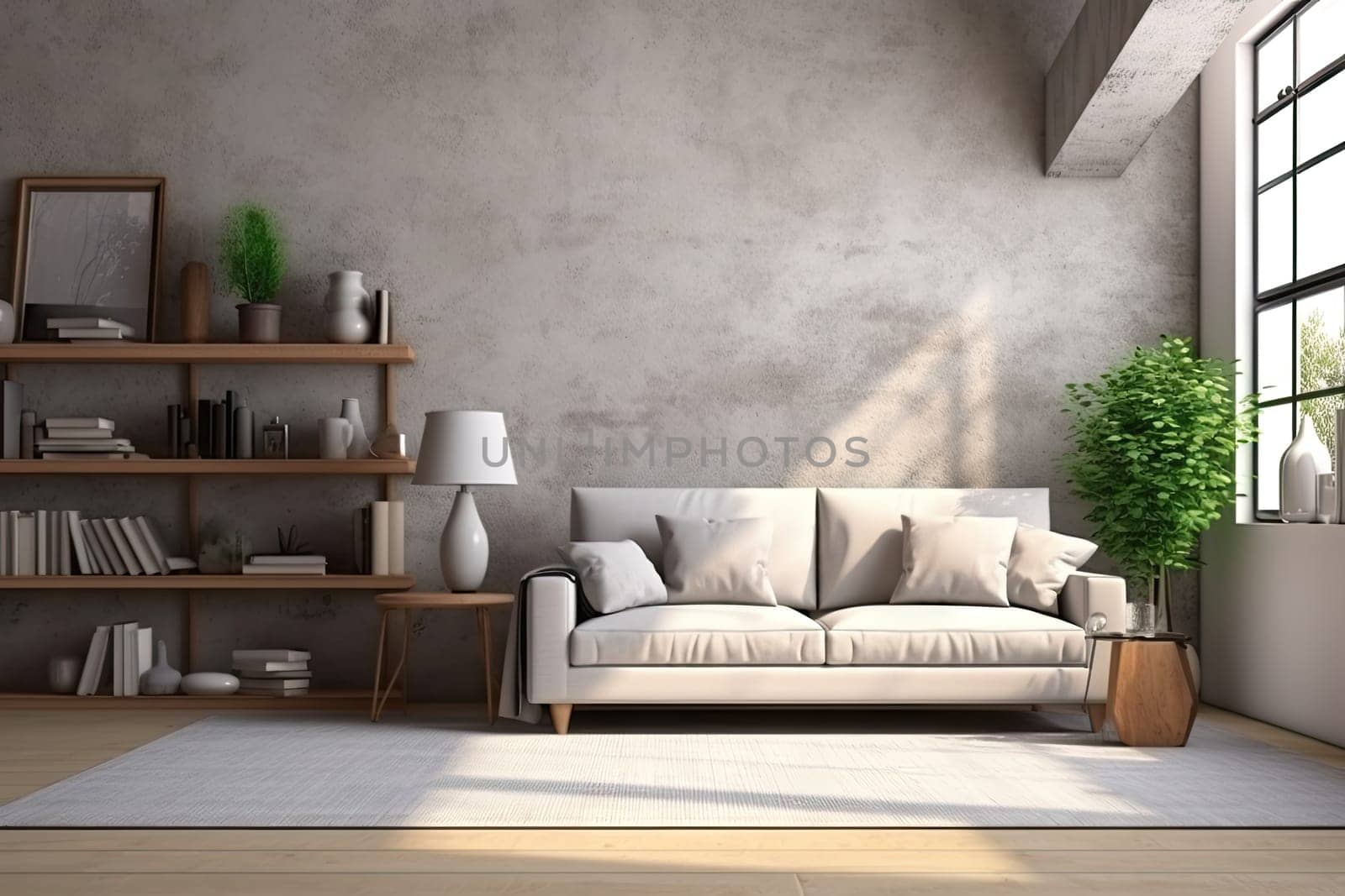 Minimalist living room interior with wooden floor, decor on a large wall. Generative ai by nateemee