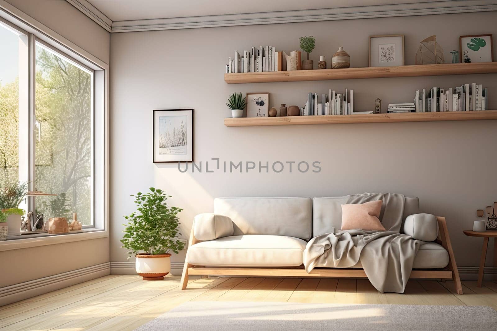 Minimalist living room interior with wooden floor, decor on a large wall. Generative ai.