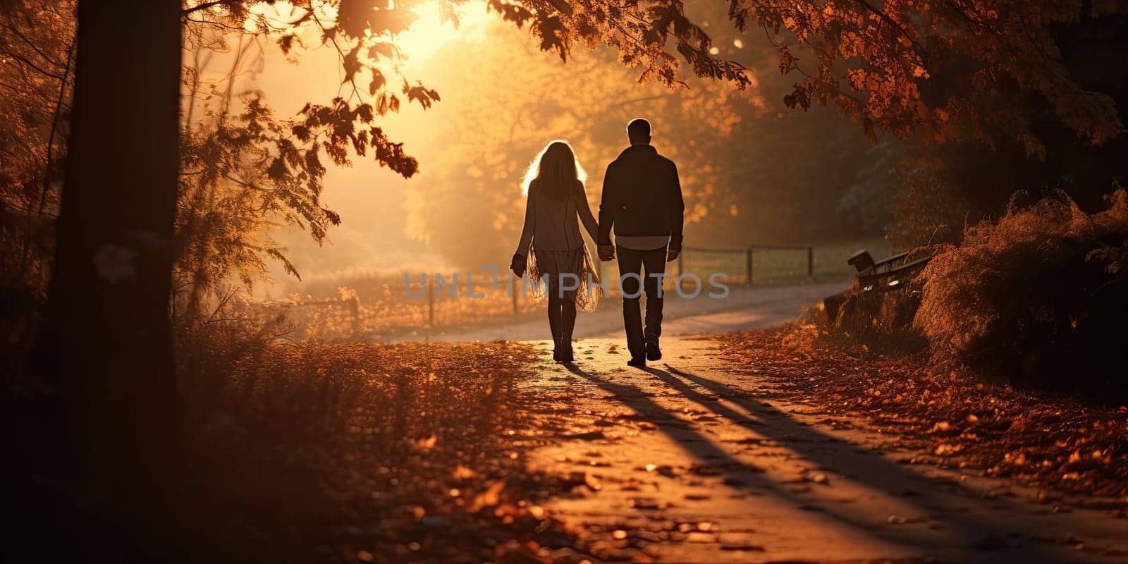 Couple holding hand walking together in autumn park, Generative ai.