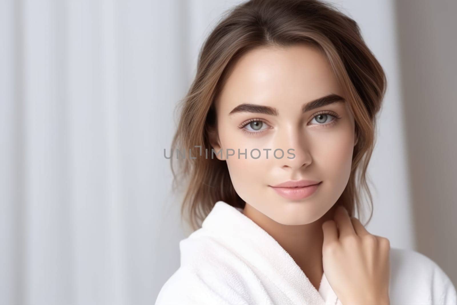 Portrait of smiling woman enjoying beauty treatment on beige background. AI Generated