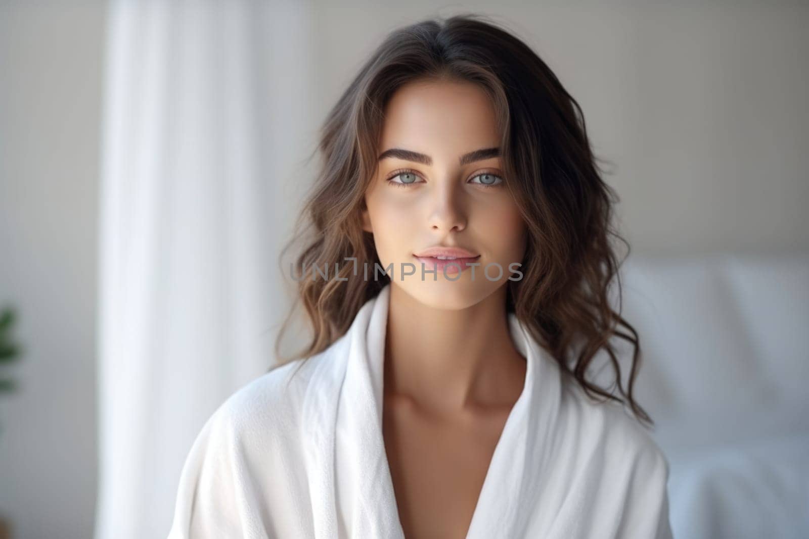 Portrait of smiling woman enjoying beauty treatment on beige background. AI Generated