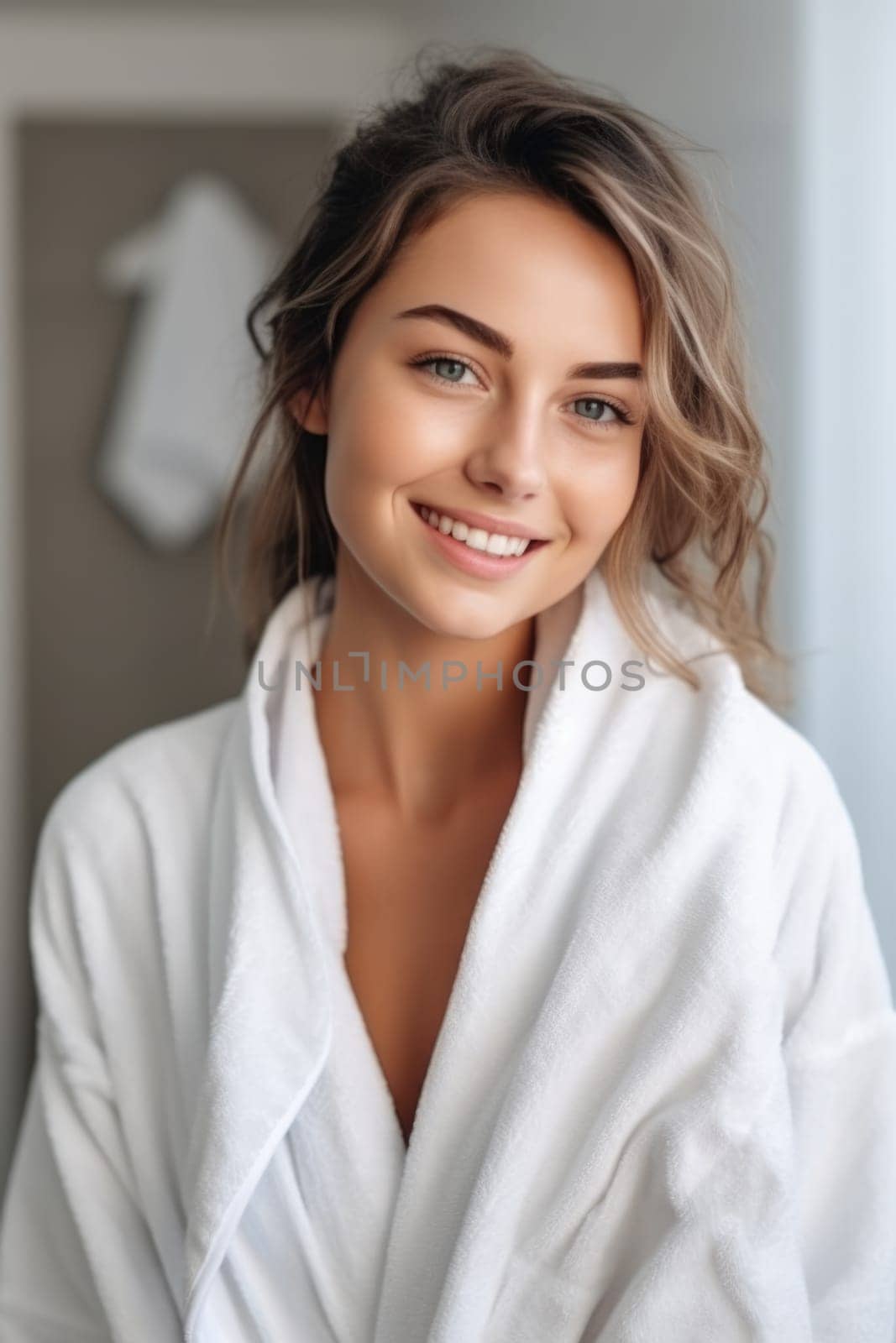 Portrait of smiling woman enjoying beauty treatment on beige background. AI Generated