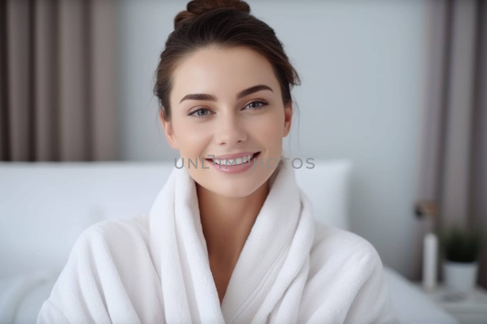 Portrait of smiling woman enjoying beauty treatment on beige background. AI Generated