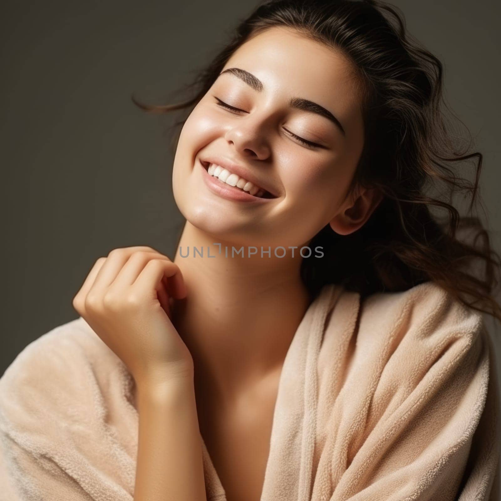 Portrait of smiling woman enjoying beauty treatment on beige background. AI Generated