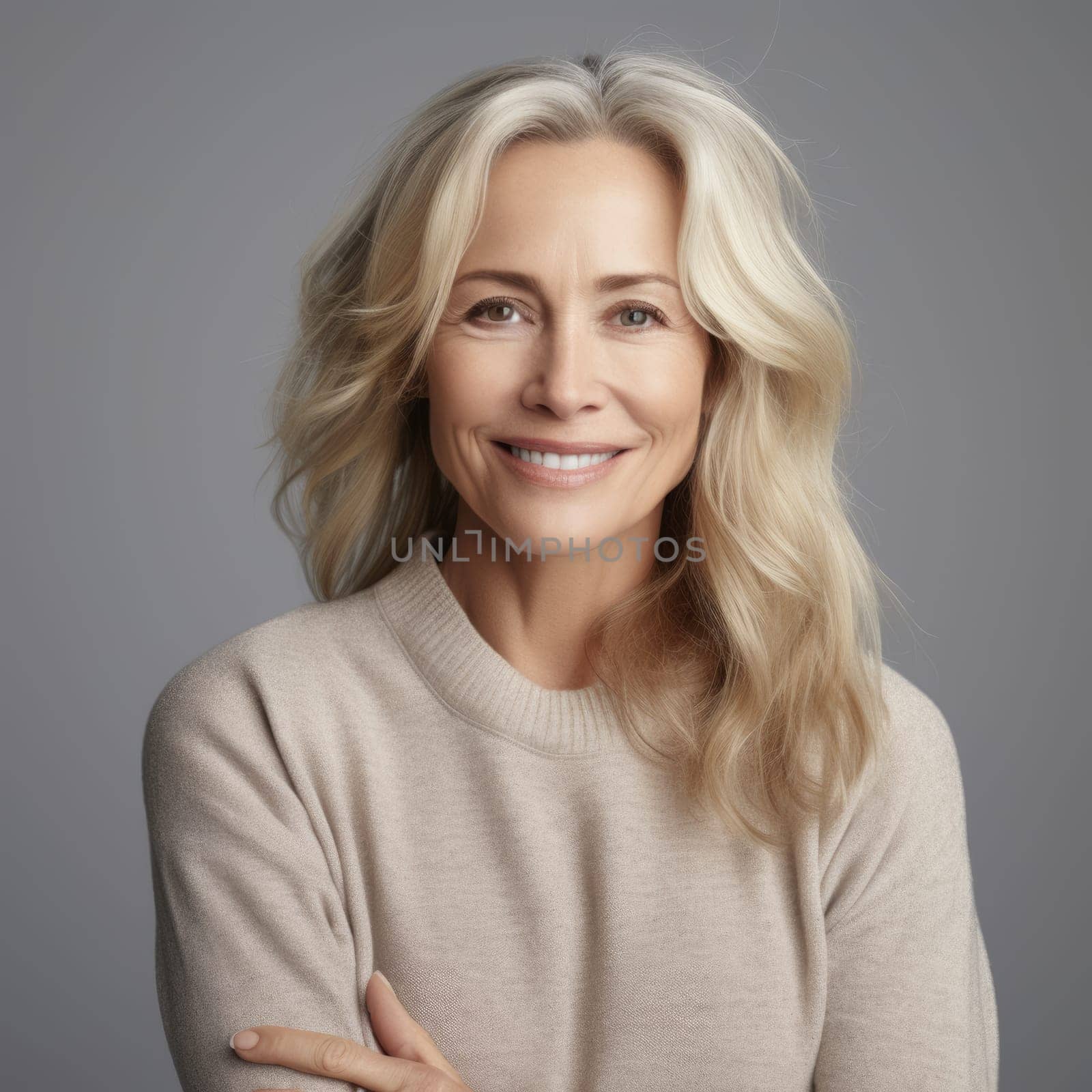 Beautiful gorgeous 50s mid aged mature woman looking at camera isolated on gray. AI Generated by Desperada