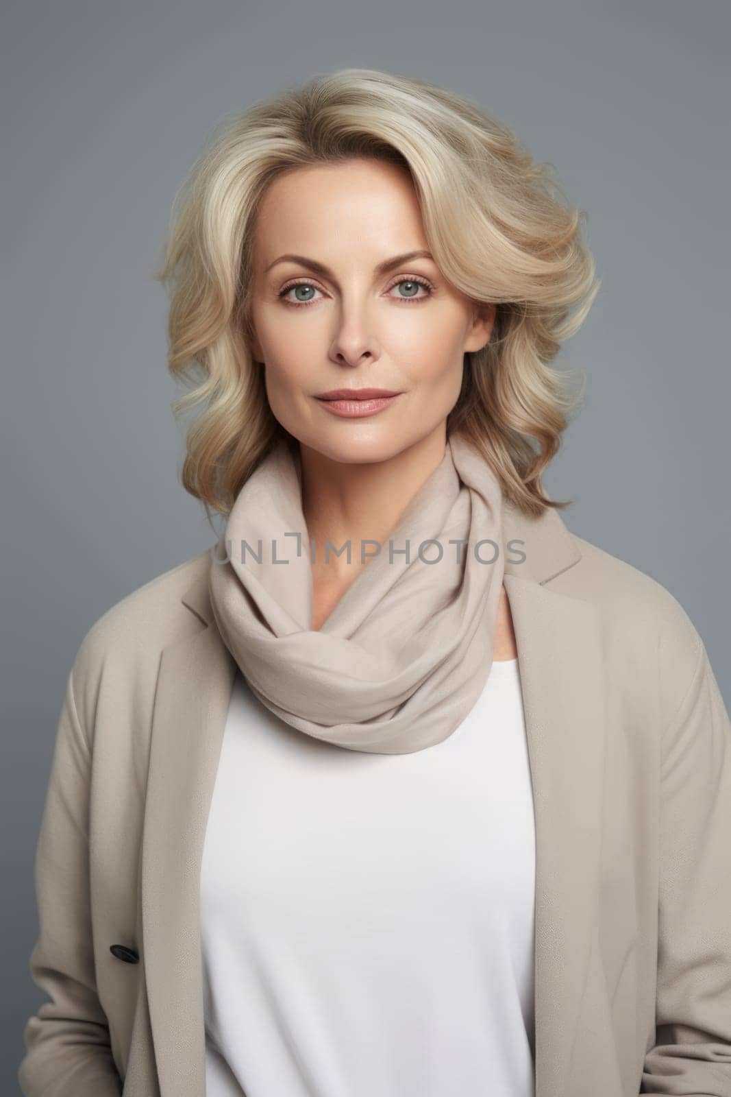 Beautiful gorgeous 50s mid aged mature woman looking at camera isolated on gray. Mature old lady close up portrait. AI Generated