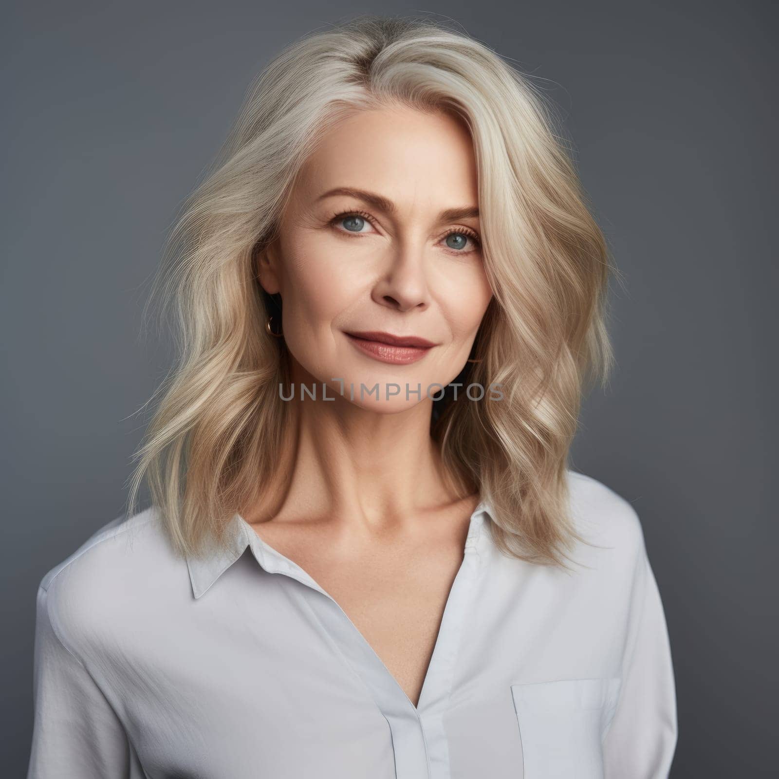 Beautiful gorgeous 50s mid aged mature woman looking at camera isolated on gray. AI Generated by Desperada