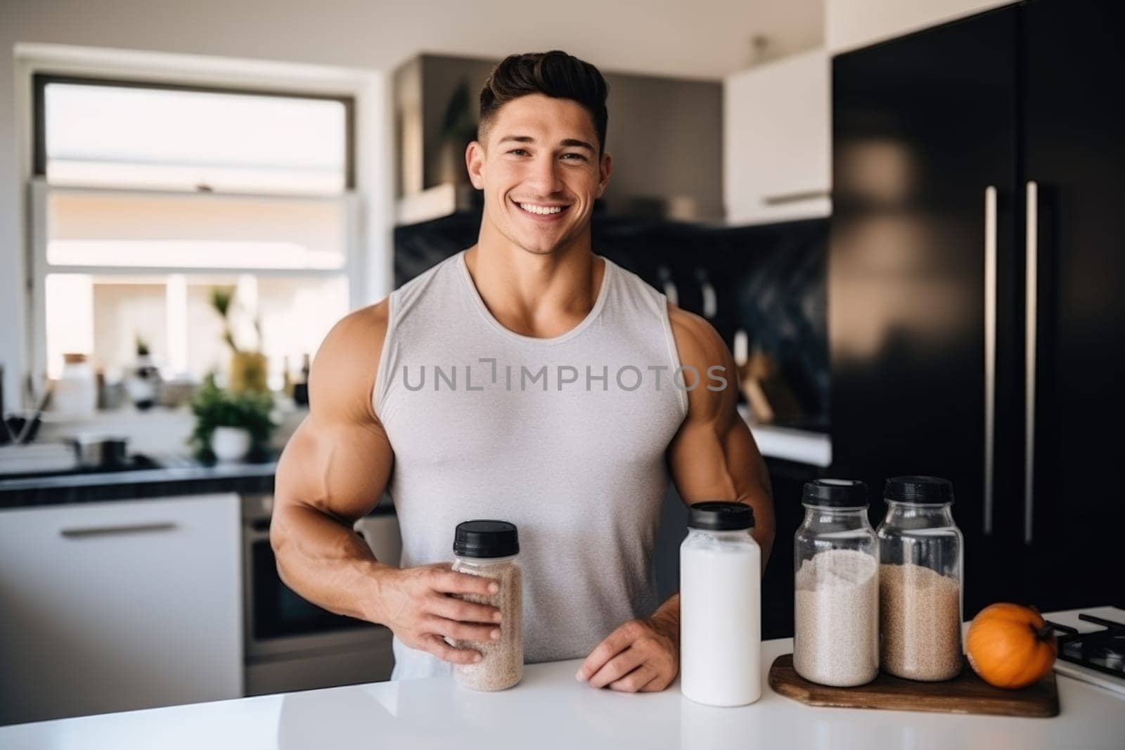 Young Arab guy drinking protein shake from bottle at kitchen, copy space. Millennial Eastern man using meal replacement for weight loss, AI Generated