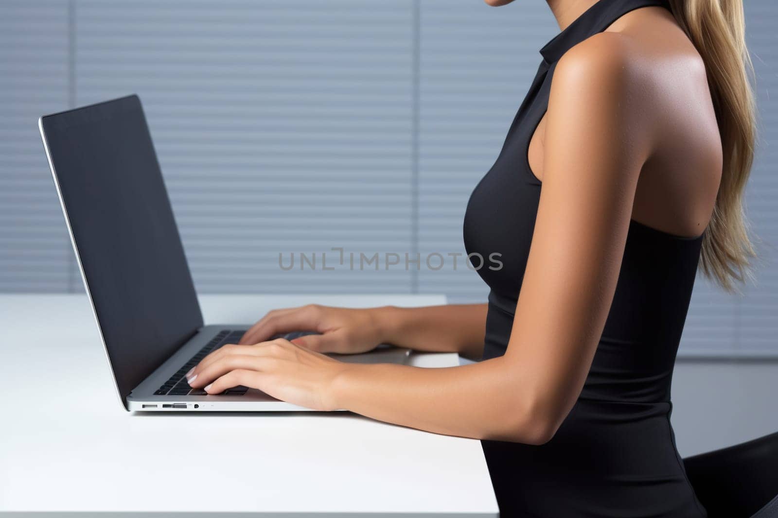 Business woman in black typing on a laptop in the workplace Woman working in the office on a keyboard. Generated by artificial intelligence by Vovmar