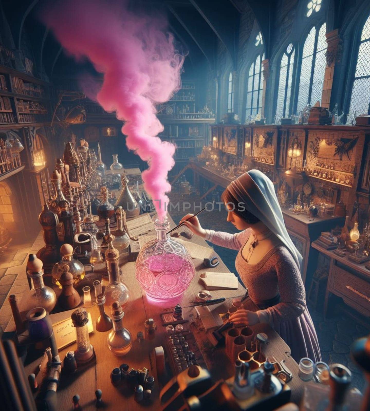 artisan perfume elixir potion maker pharmacist preparing product in medieval steampunk laboratory by verbano