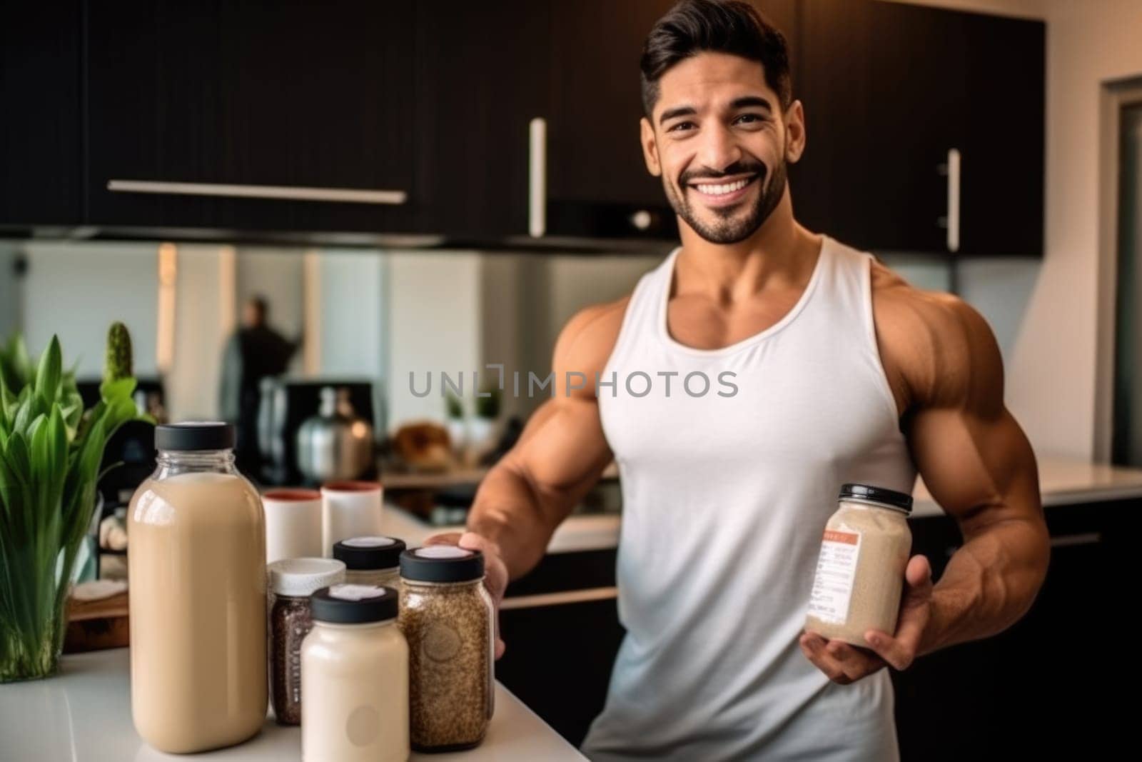 Young Arab guy drinking protein shake from bottle at kitchen, copy space. Millennial Eastern man using meal replacement for weight loss, AI Generated