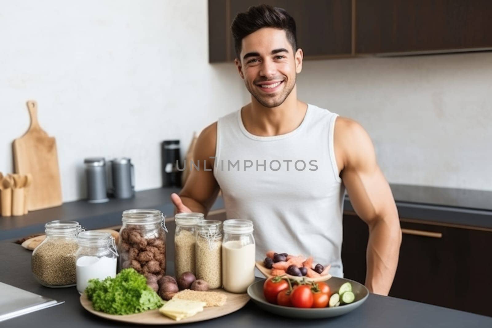 Young Arab guy drinking protein shake from bottle at kitchen, copy space. Millennial Eastern man using meal replacement for weight loss, AI Generated