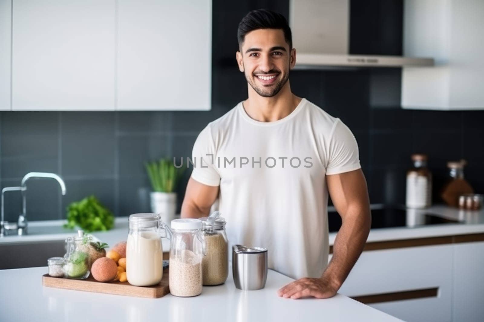 Young Arab guy drinking protein shake from bottle at kitchen, copy space. Millennial Eastern man using meal replacement for weight loss, AI Generated