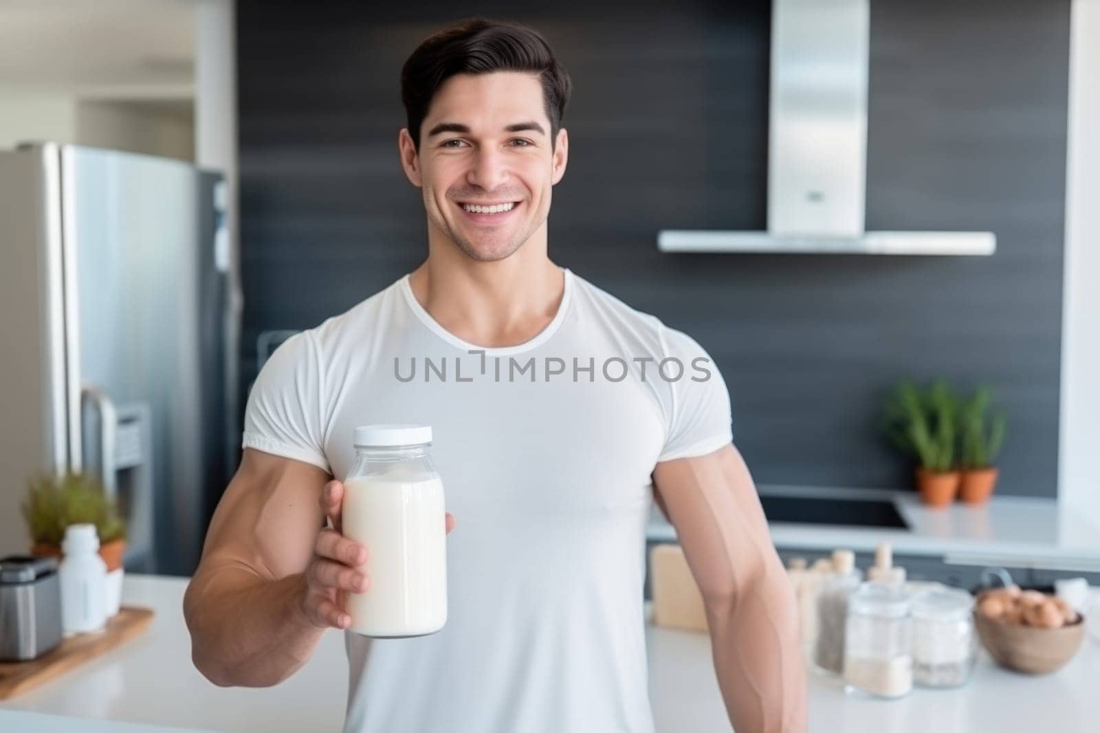 Young Arab guy drinking protein shake from bottle at kitchen, copy space. Millennial Eastern man using meal replacement for weight loss, AI Generated