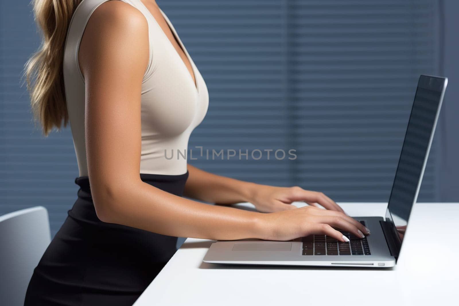 Business woman in light clothes typing on a laptop at the workplace. Woman working on a keyboard in the office. Generated by artificial intelligence by Vovmar