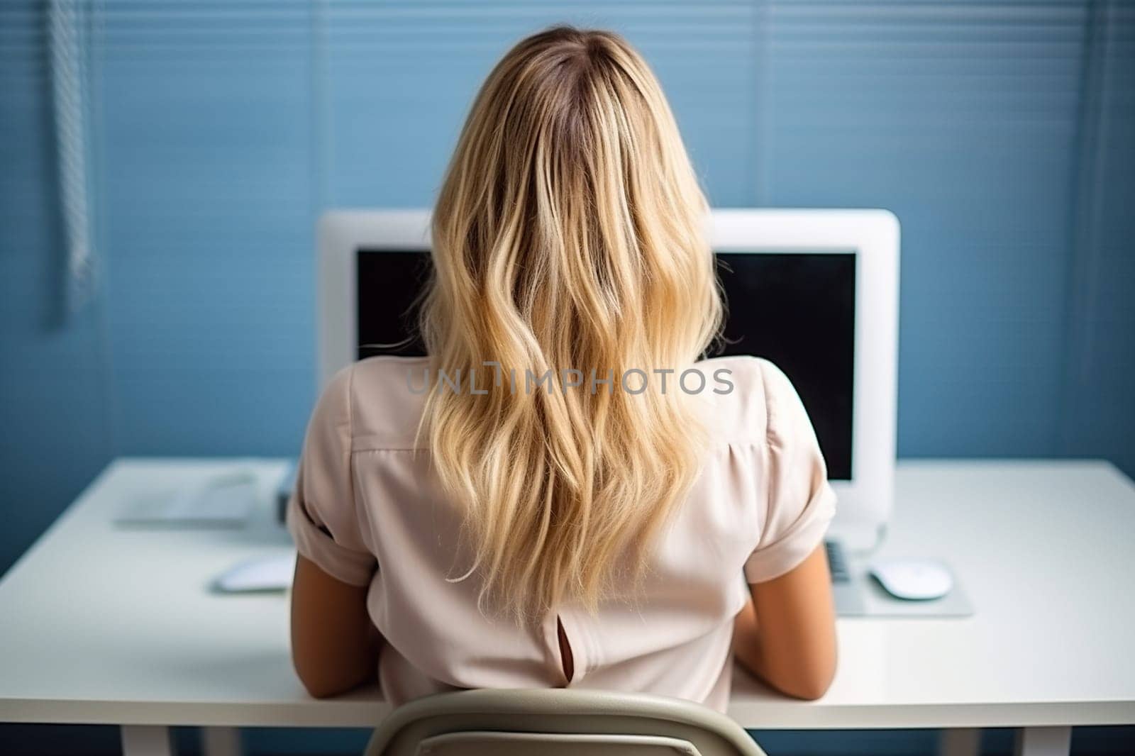 Business woman in light clothes typing on a laptop at the workplace. Woman working on a keyboard in the office. Generated by artificial intelligence by Vovmar