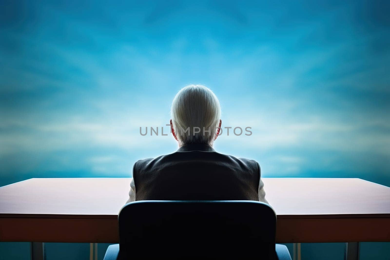 Rear view of senior man sitting on armchair and looking through the window. Lonely old man sitting at home near window during covid19 outbreak. Thoughtful retired man abandoned at nursing home.