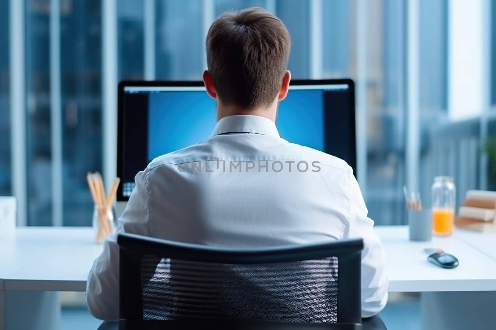 A man in a business suit works at a computer in a modern office with large panoramic windows.