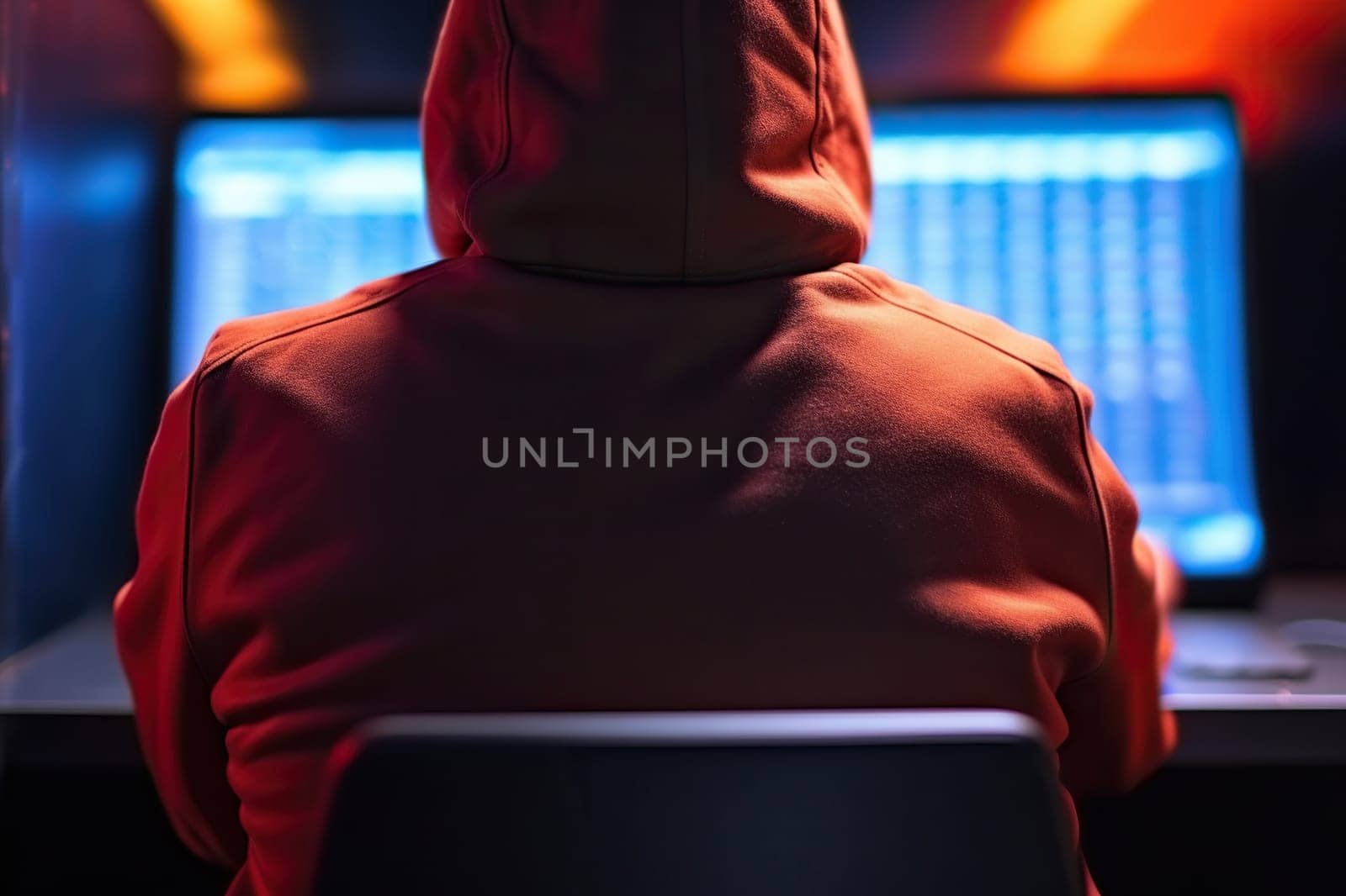 A hooded hacker sits at a table with a computer. Hacking and malware concept. Generated by artificial intelligence by Vovmar