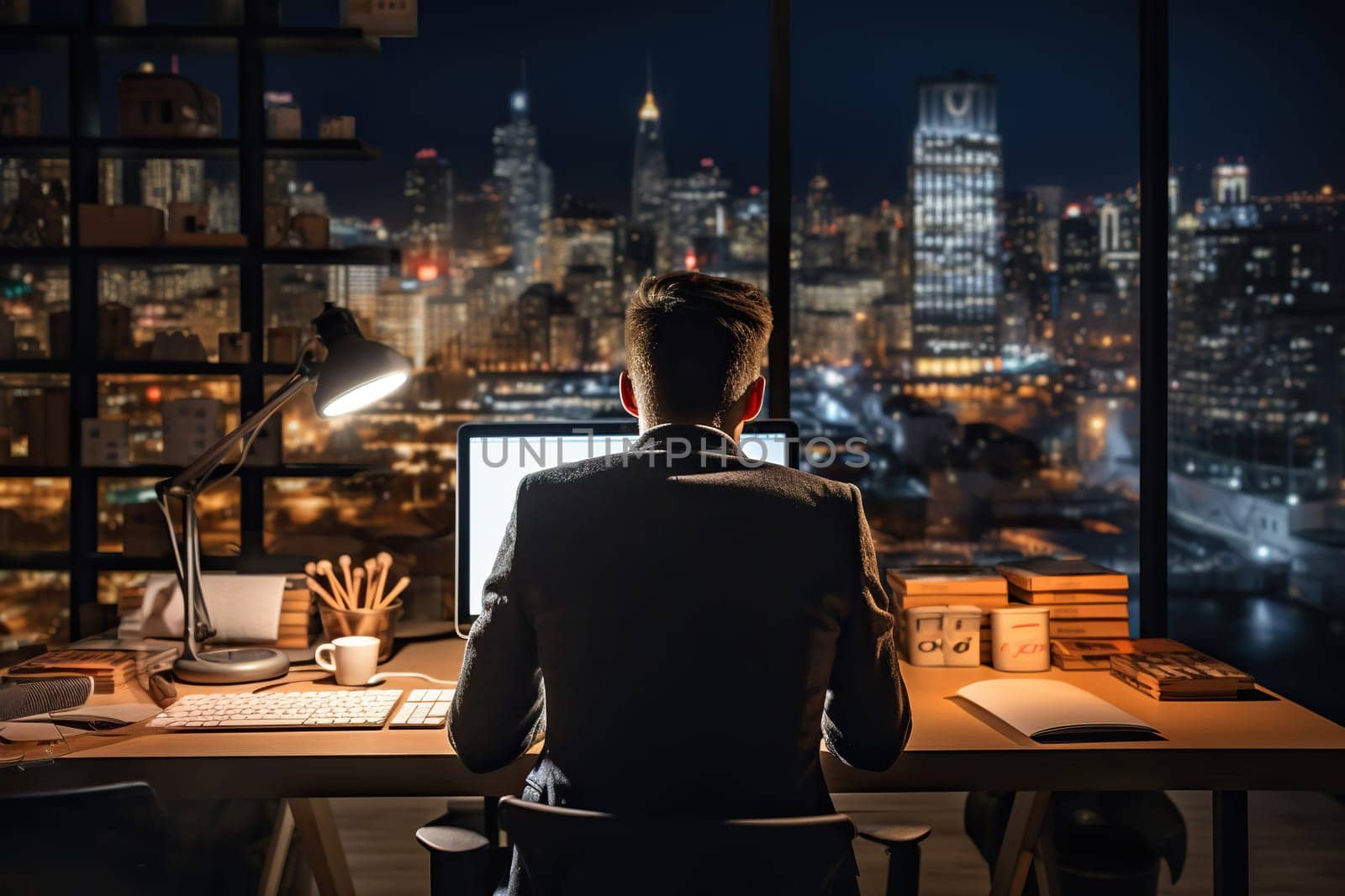 A man in a business suit works at a computer in a modern office with large panoramic windows in the evening.