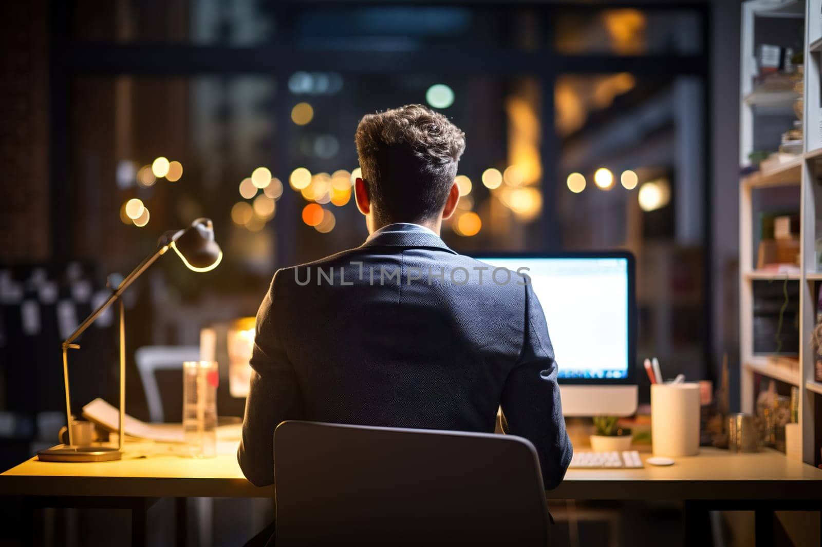 A man in a business suit works at a computer in a modern office with large panoramic windows in the evening.