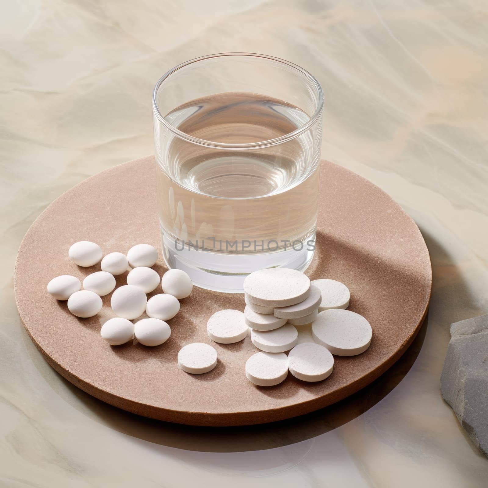 Collagen powder and pills on wooden tray . AI Generated by Desperada