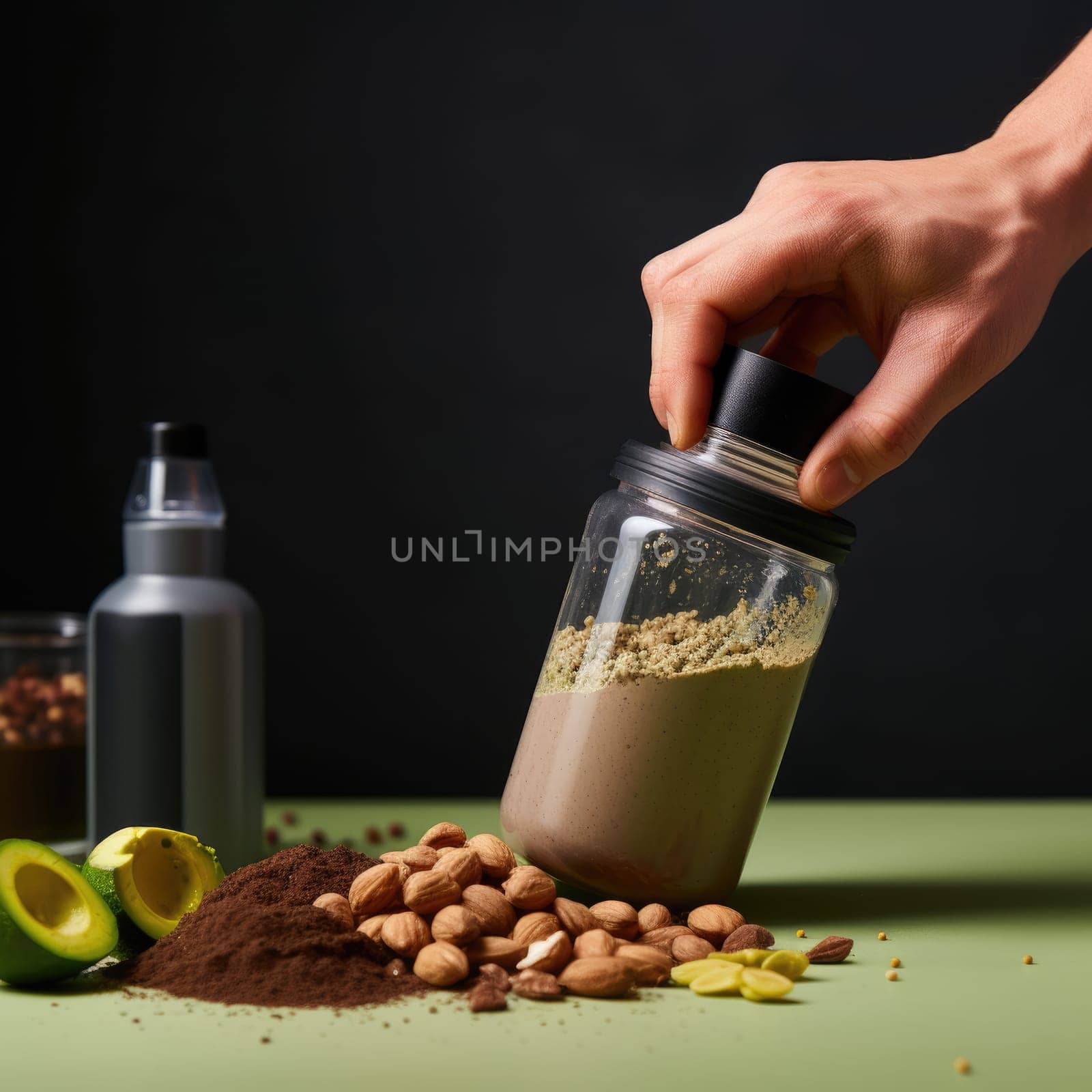 hands holding bottle with plant based protein on green and black background , copy space. AI Generated