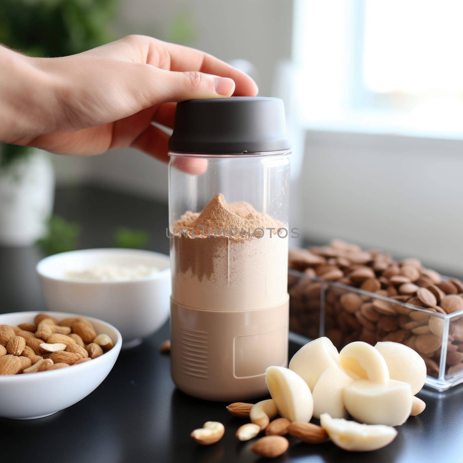 hands making protein shake at kitchen, copy space. AI Generated