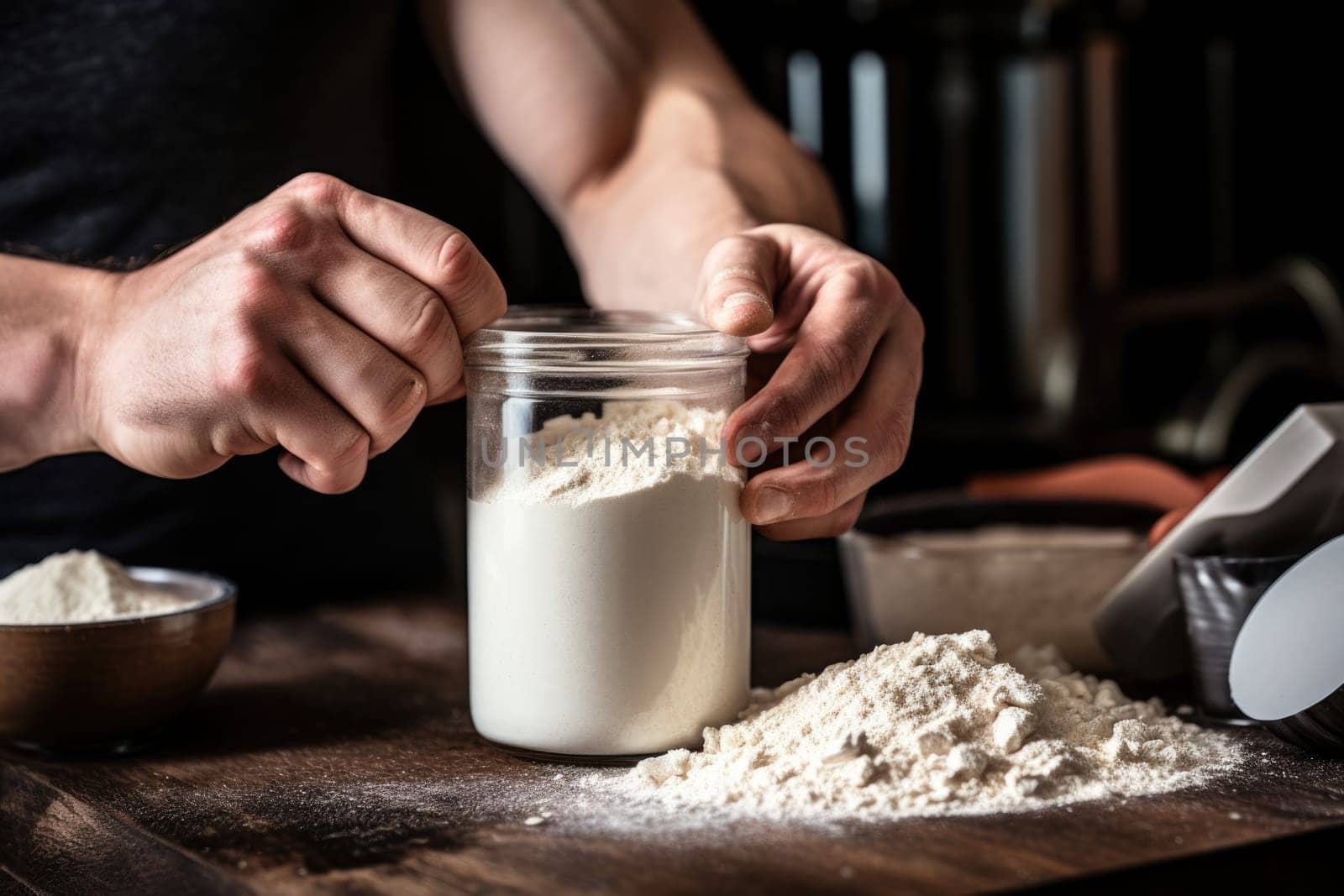 Young guy making protein shake at kitchen, copy space. AI Generated by Desperada