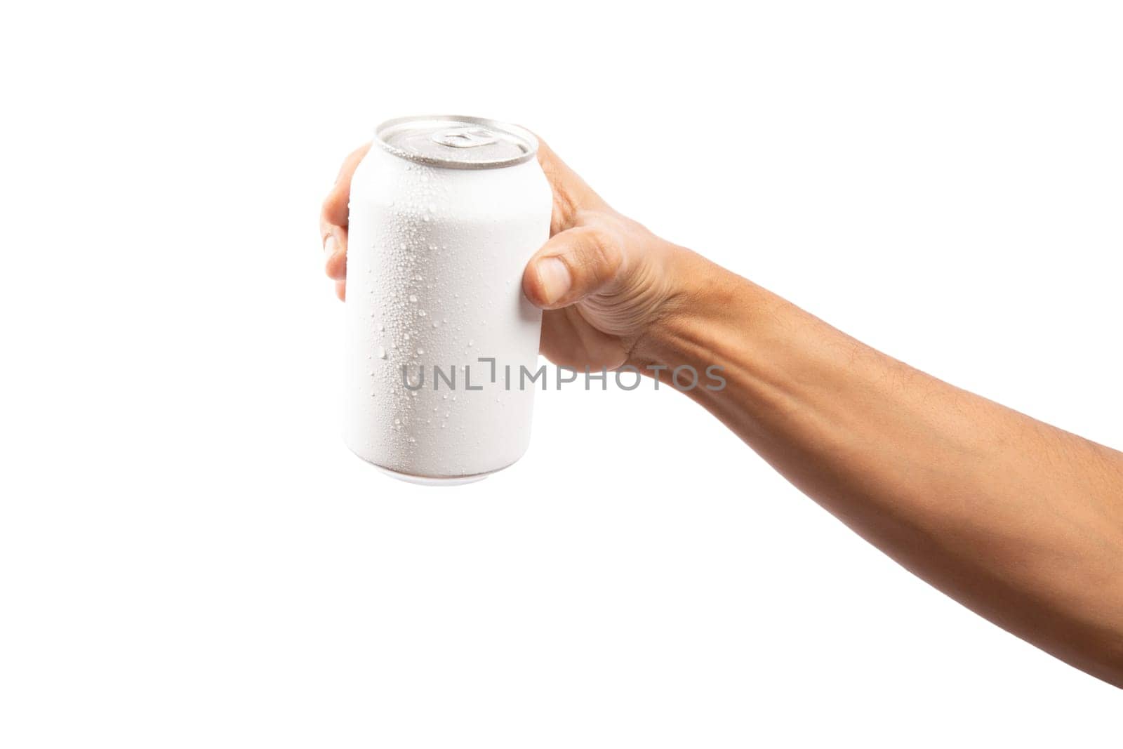 Black male hand holding a fresh white drinking can mockup of beer or soda by TropicalNinjaStudio