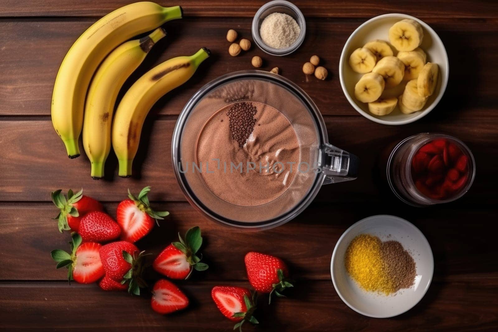 Food supplements. making chocolate protein shake drink from powder, banana, strawberries in blender, top view. AI Generated