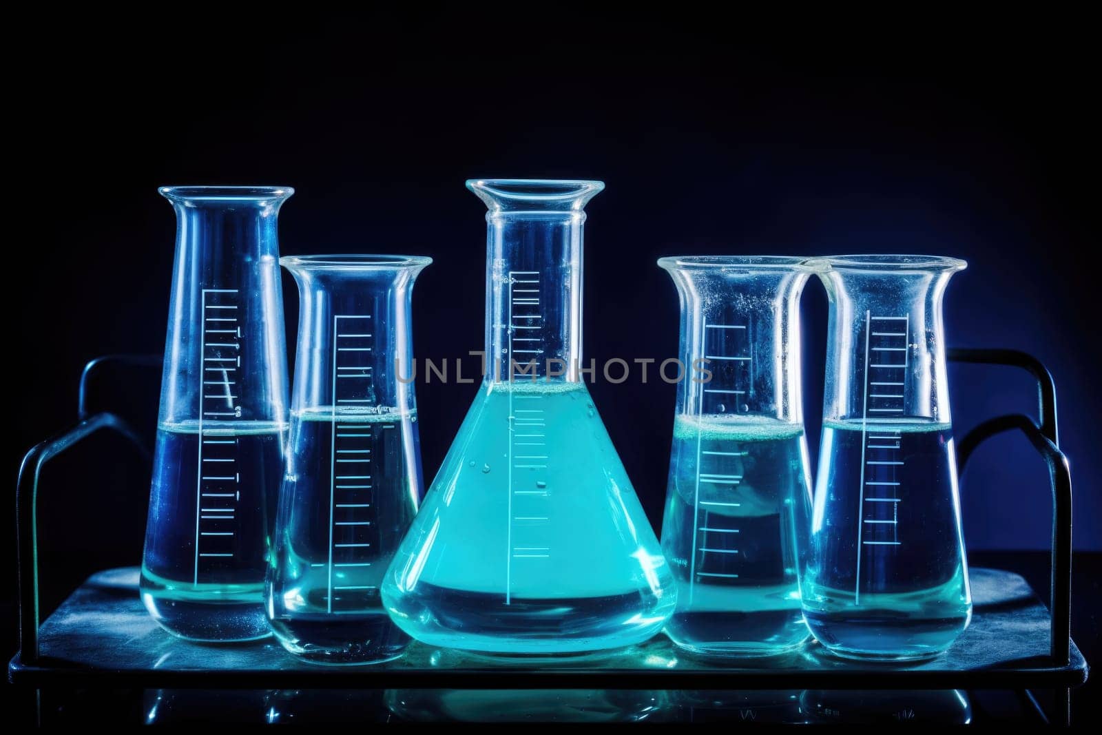 Laboratory equipment beakers and flask with backlight in different group. AI Generated by Desperada