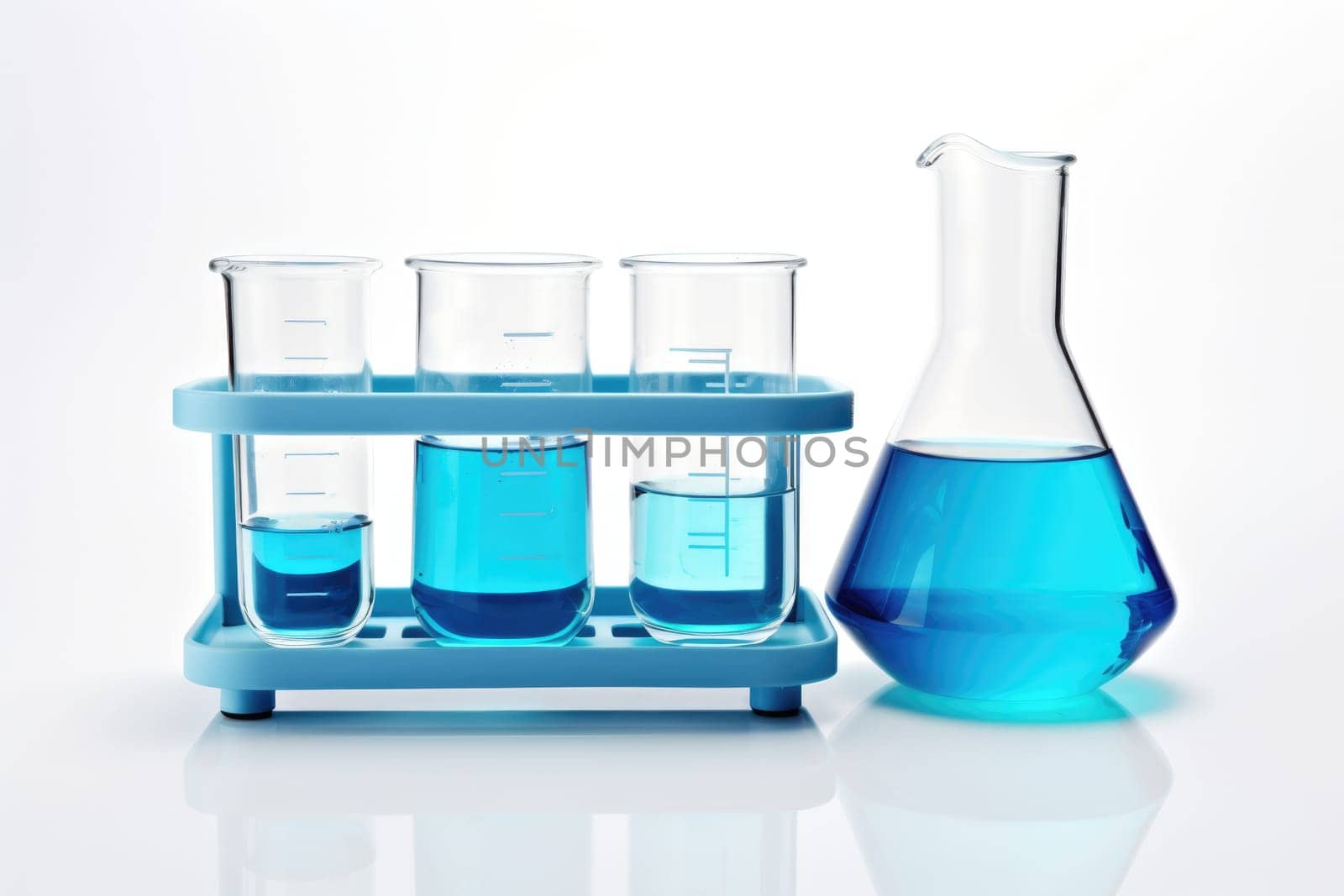 Laboratory equipment beakers and flasks with blue liquids with backlight in different group. AI Generated