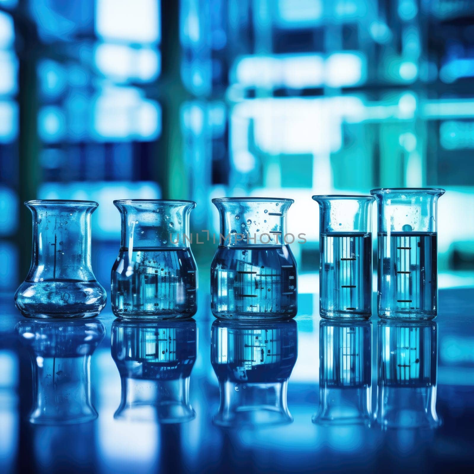Laboratory equipment beakers and flasks with blue liquids with backlight in different group. AI Generated