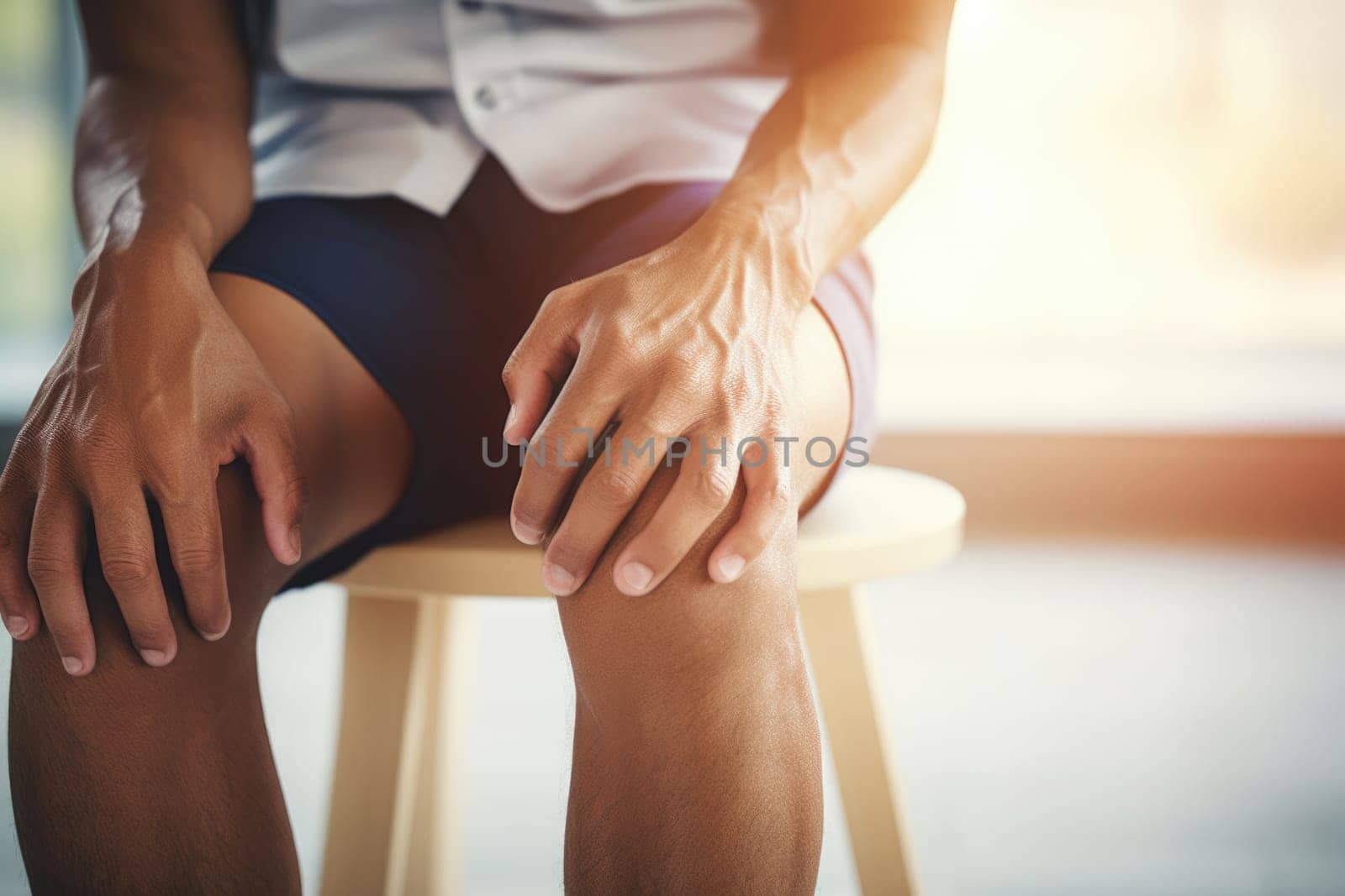 Health problems. Joint pain, Arthritis and tendon problems. a man touching nee at pain point. AI Generated