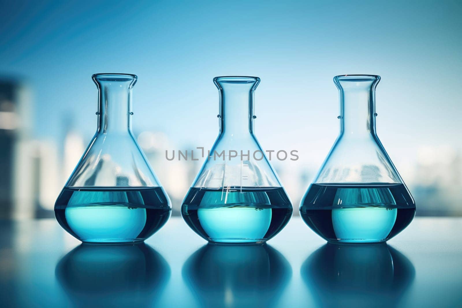 Laboratory equipment beakers and flasks with blue liquids with backlight in different group. AI Generated