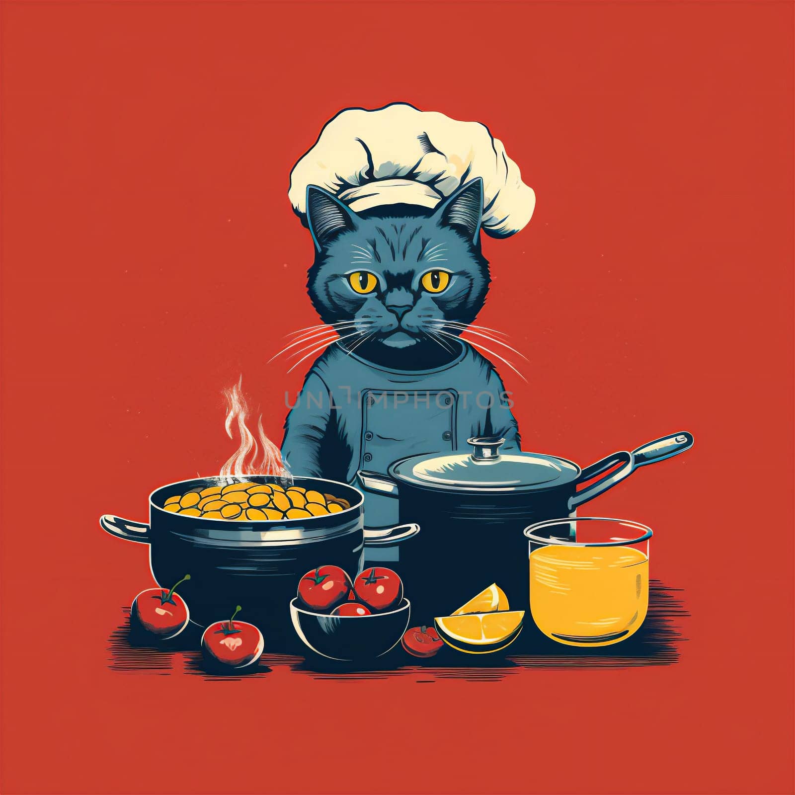 Cute and funny illustration of a cat cooking in a kitchen. The puss is wearing a white chef hat and apron over red background