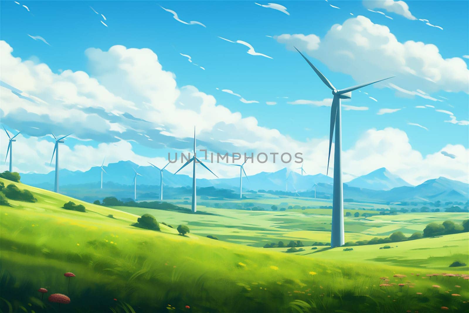 Wind farm or wind park in a field with green grass, with high wind turbines for generation electricity with copy space. Green energy concept.