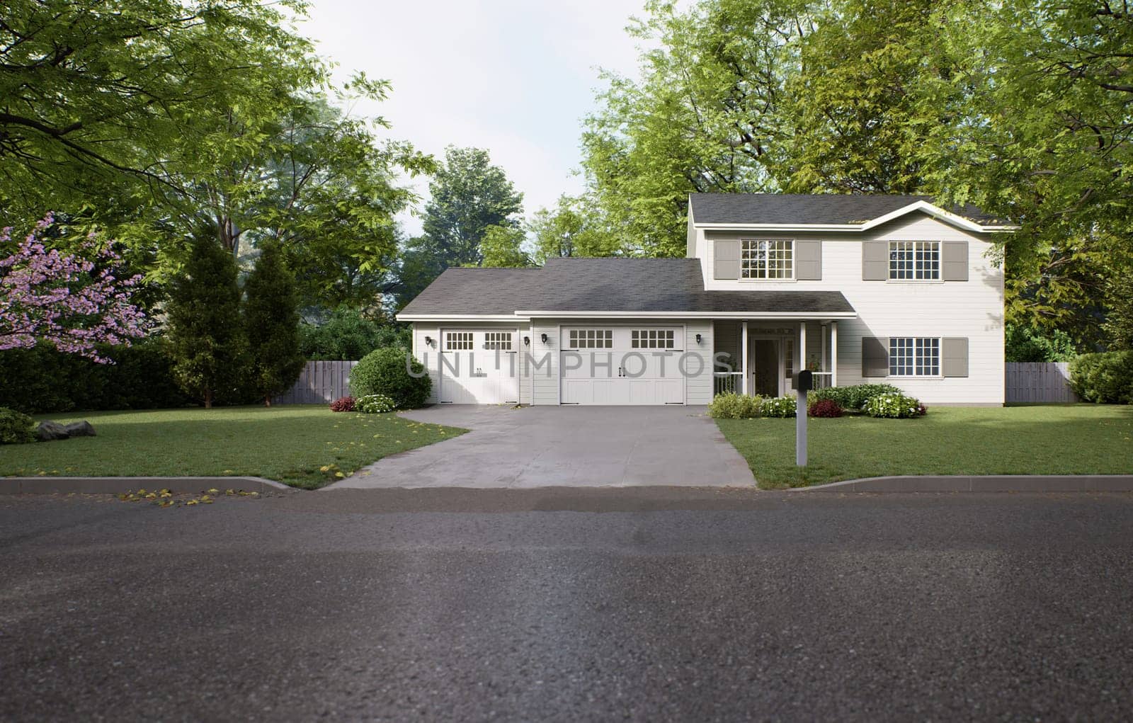 Traditional American home with two garages, a driveway and a large tree. by N_Design