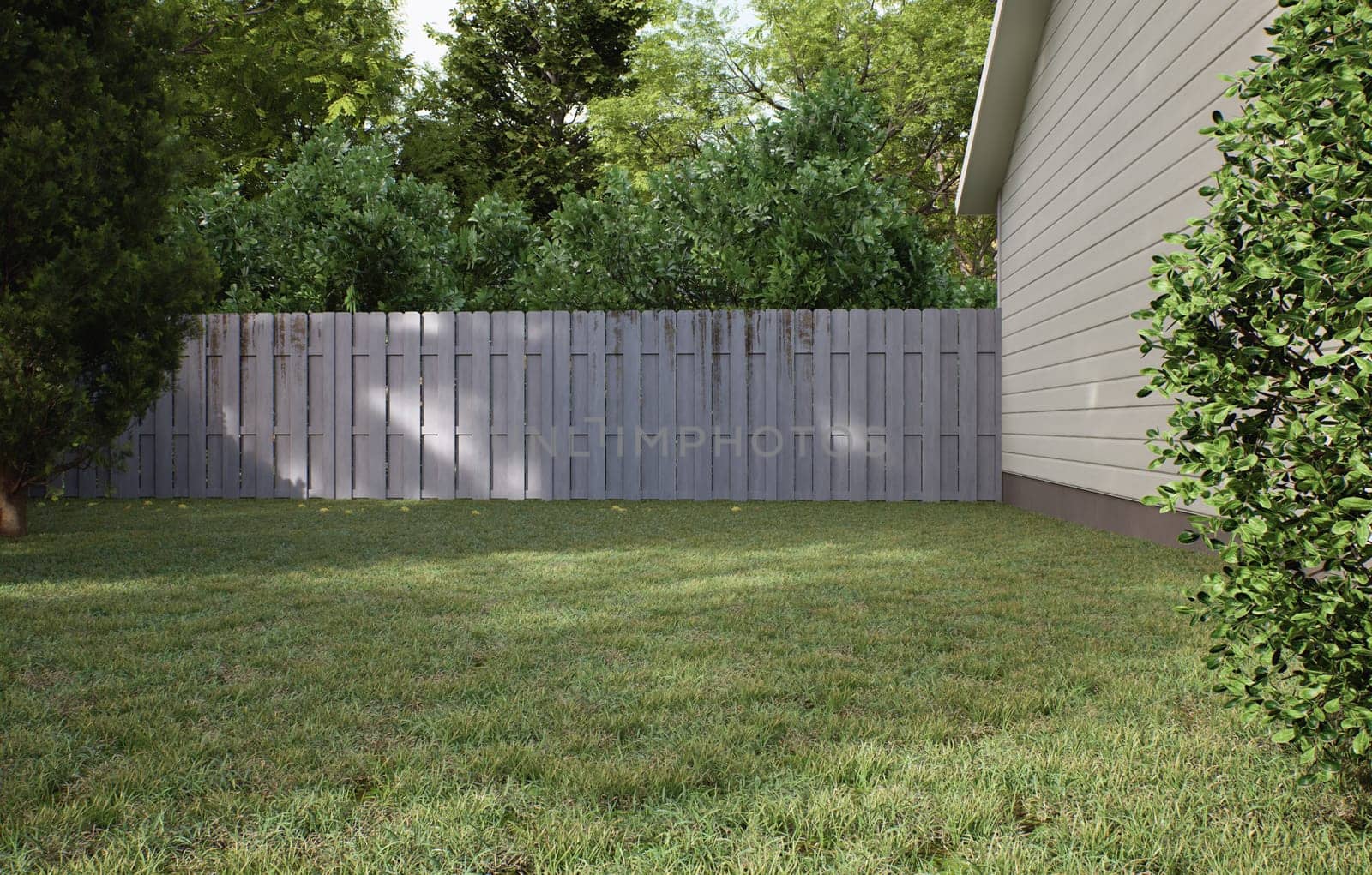 Traditional American home with two garages, a driveway and a large tree. by N_Design