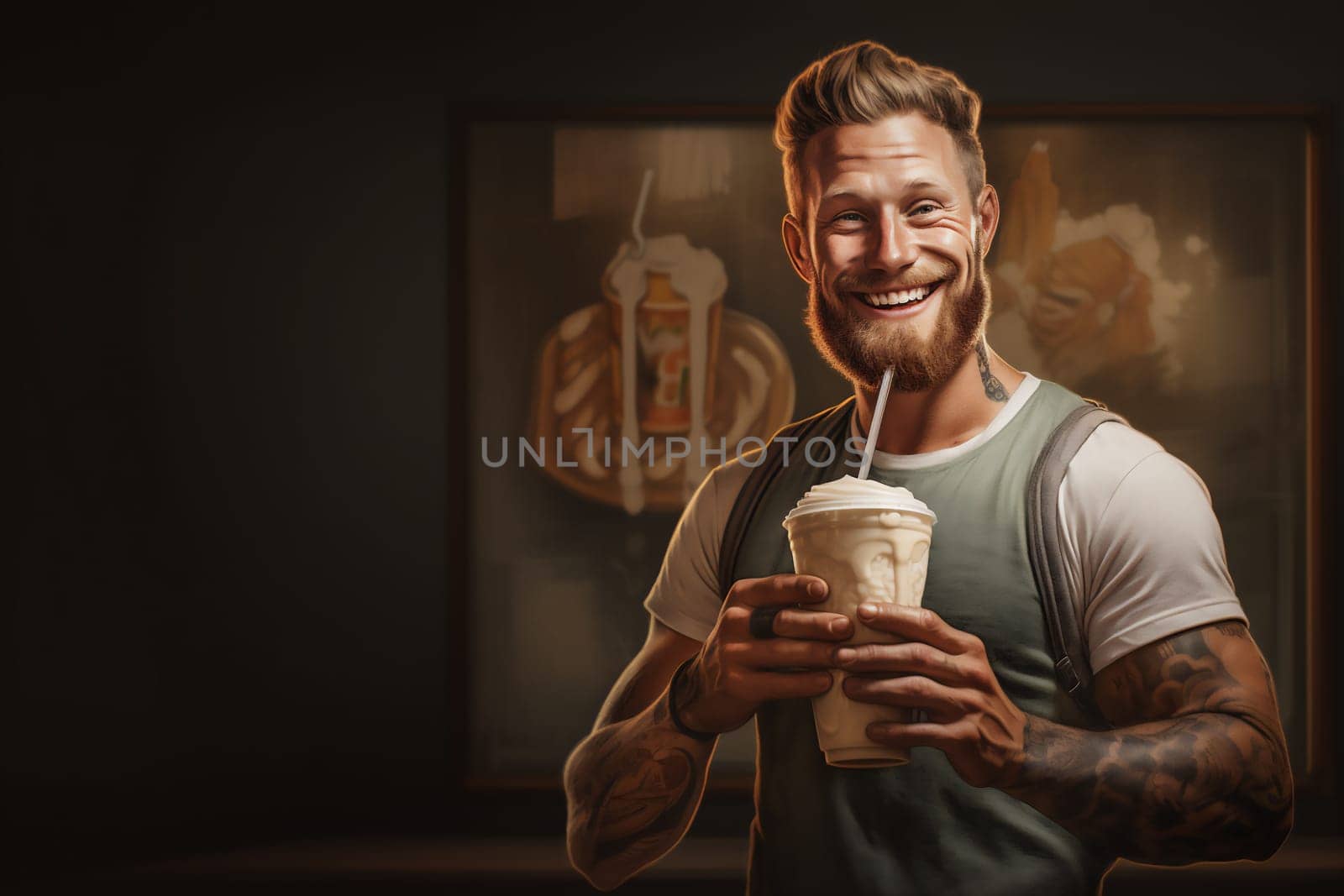 Young fit man with beard is drinking vanilla protein shake from shaker after workout. Drawn image